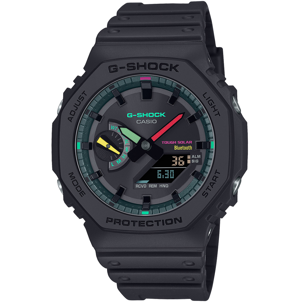 【CASIO 卡西歐】G-SHOCK 電音幻境八角錶殼耐衝擊運動太陽能藍牙雙顯腕錶/黑(GA-B2100MF-1A)