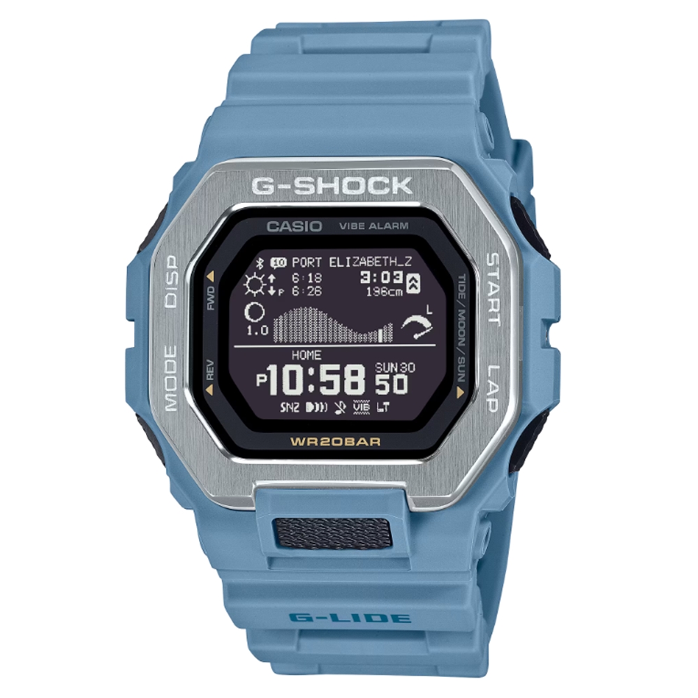【CASIO 卡西歐】G-SHOCK 藍芽 衝浪運動 海洋水藍 雙重材質錶圈 運動系列 GBX-100-2A 46mm