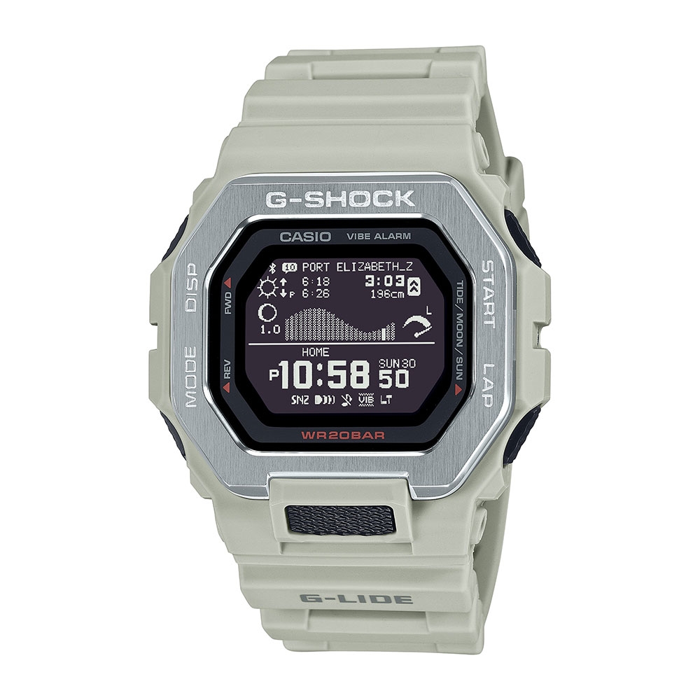 【CASIO 卡西歐】G-SHOCK 藍芽 衝浪運動 沙灘灰白 雙重材質錶圈 運動系列 GBX-100-8 46mm