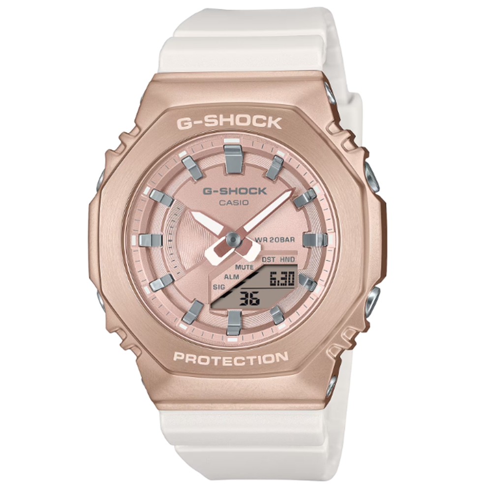 【CASIO 卡西歐】G-SHOCK 優雅奢華 蜜桃粉金 時尚白 金屬錶殼 八角形錶殼 GM-S2100CW-7A_40.4mm