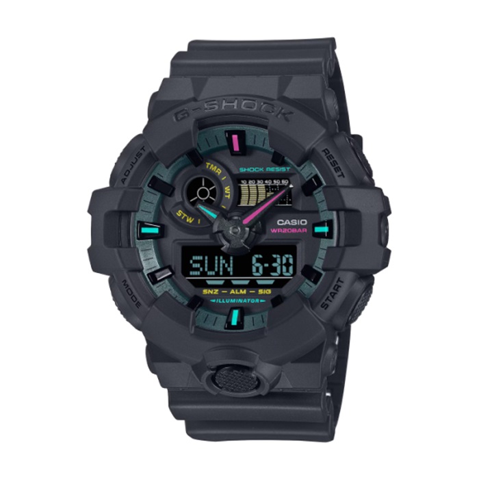 【CASIO G-SHOCK】虛擬世界螢光雙顯運動休閒腕錶-柔沙黑/GA-700MF-1A