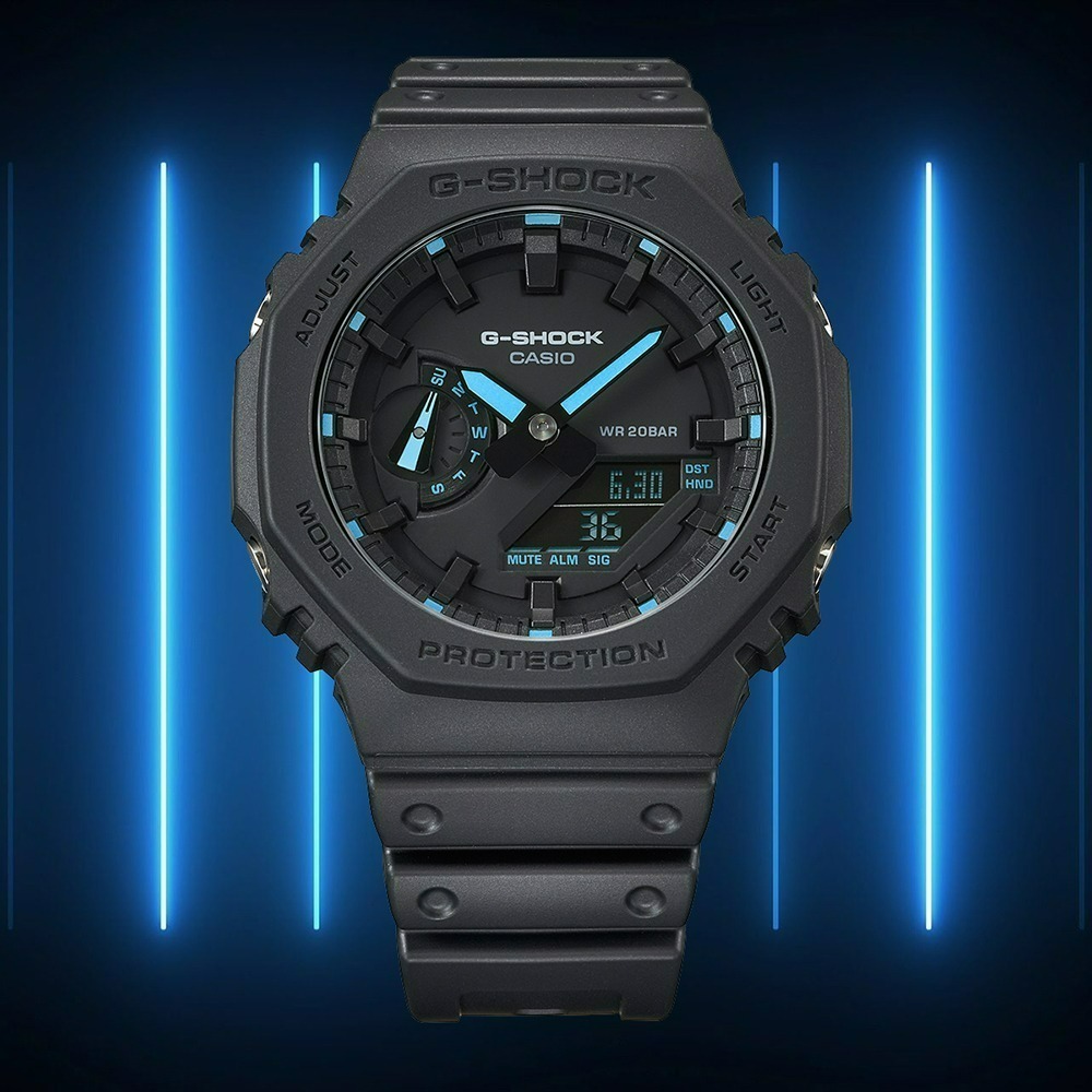 CASIO G-SHOCK 螢光霓虹系列八角造型計時錶/藍/GA-2100-1A2