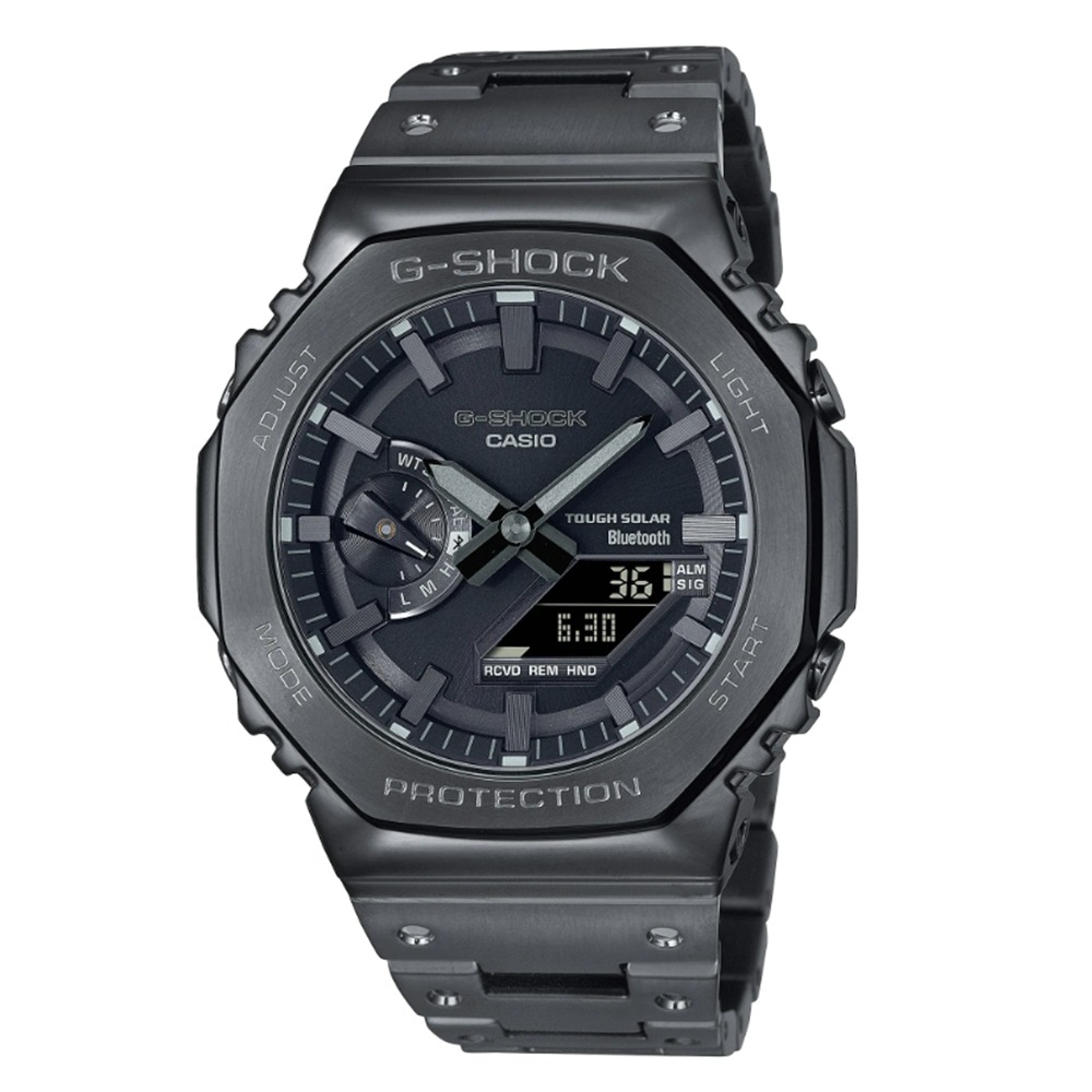 【CASIO 卡西歐】G-SHOCK 太陽能 智慧藍芽 奢華 全金屬 八角形雙顯錶-黑(GM-B2100BD-1A )