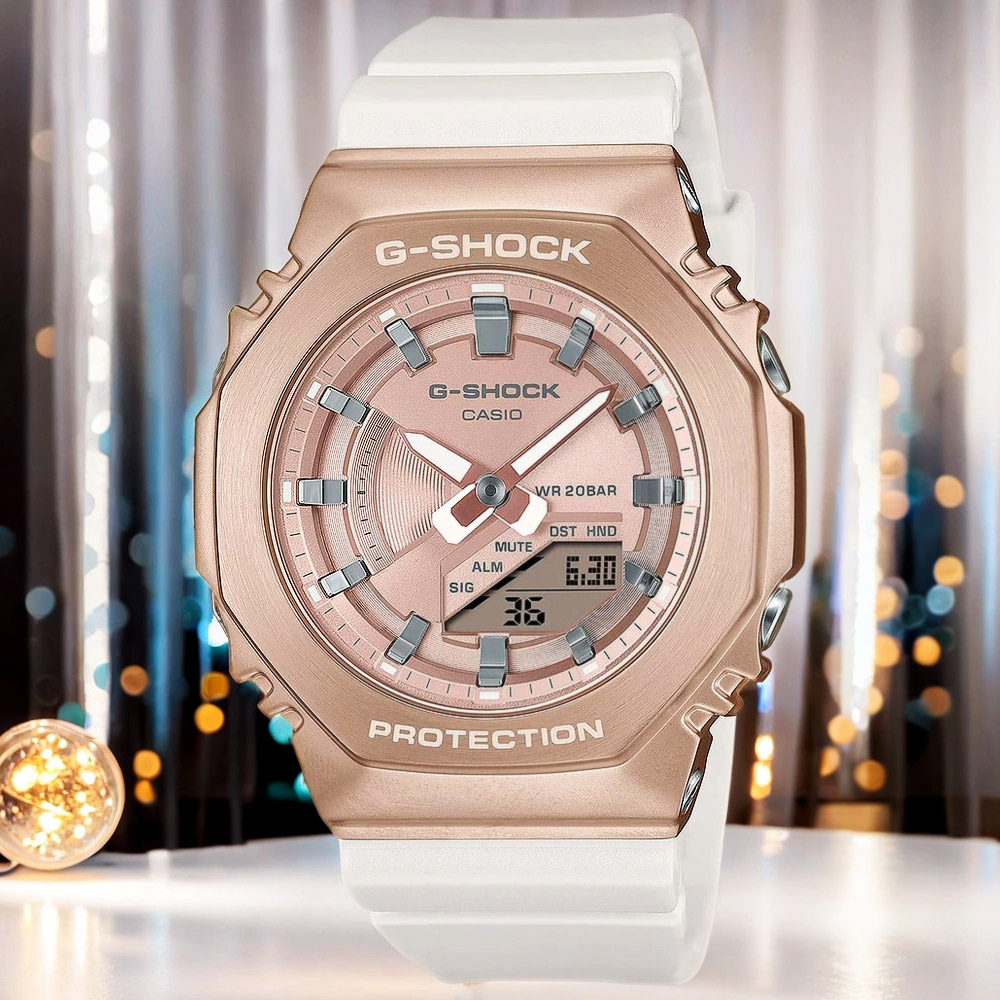 CASIO 卡西歐 G-SHOCK 粉紅金x白 八角手錶 女錶(GM-S2100CW-7A)