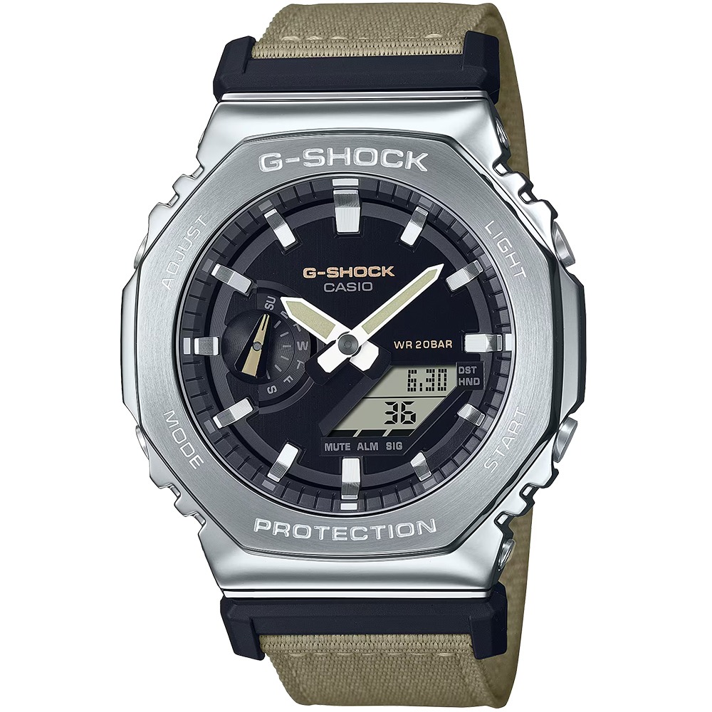 CASIO G-SHOCK 金屬X帆布八角造型計時錶/卡其/GM-2100C-5A