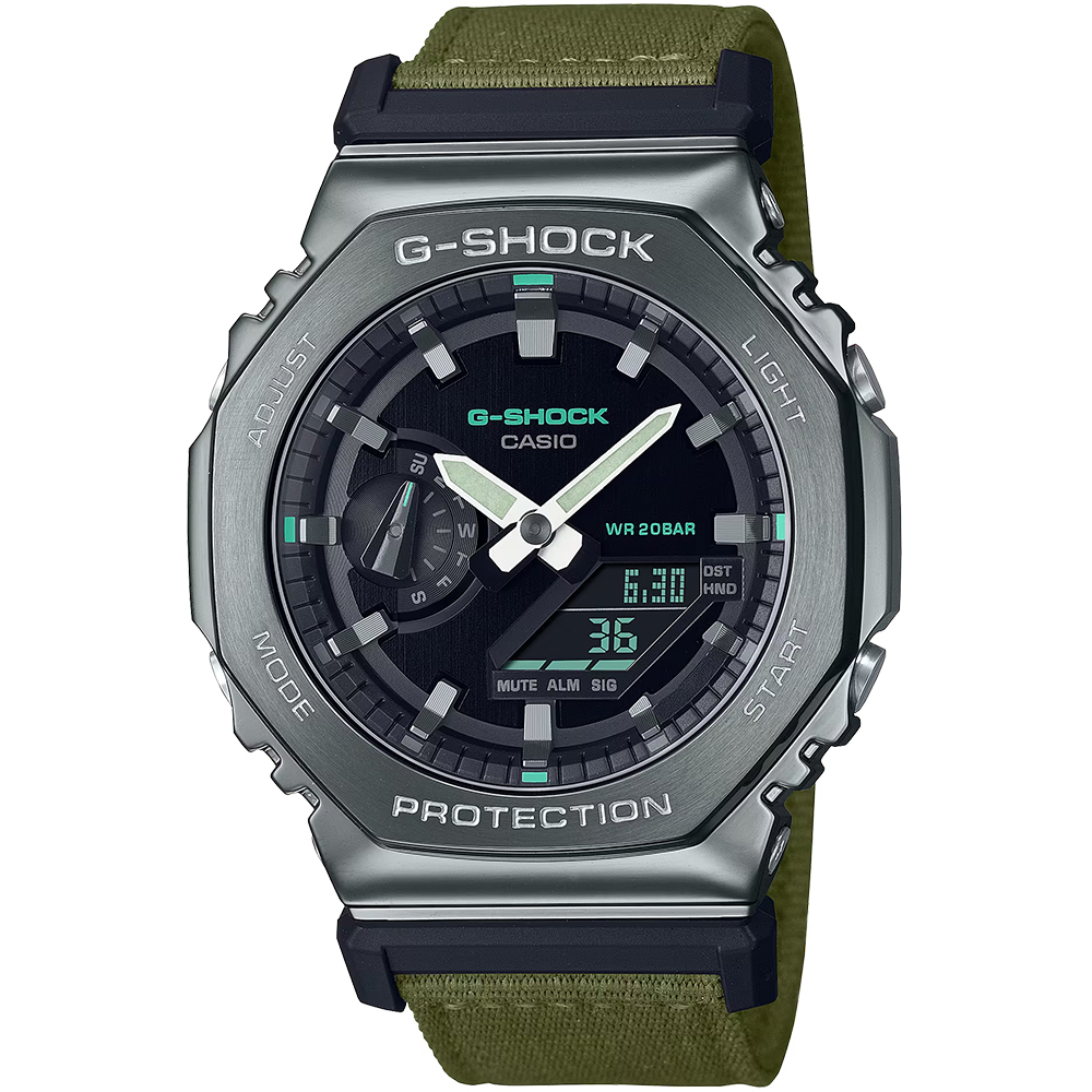 CASIO G-SHOCK 金屬X帆布八角造型計時錶/墨綠/GM-2100CB-3A