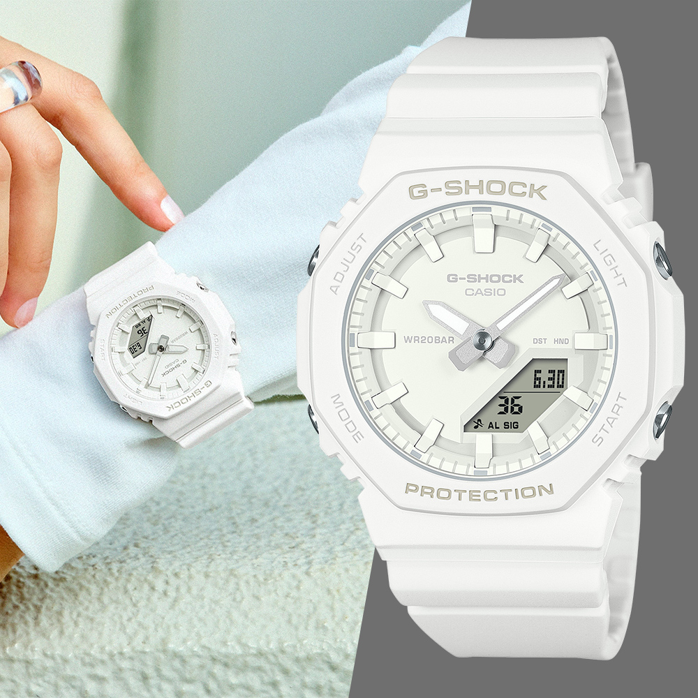 CASIO G-SHOCK 單色美學八角造型計時錶/經典白/GMA-P2100-7A