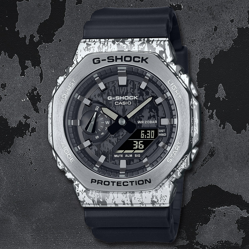 CASIO G-SHOCK 斑駁金屬八角造型計時錶/銀/GM-2100GC-1A