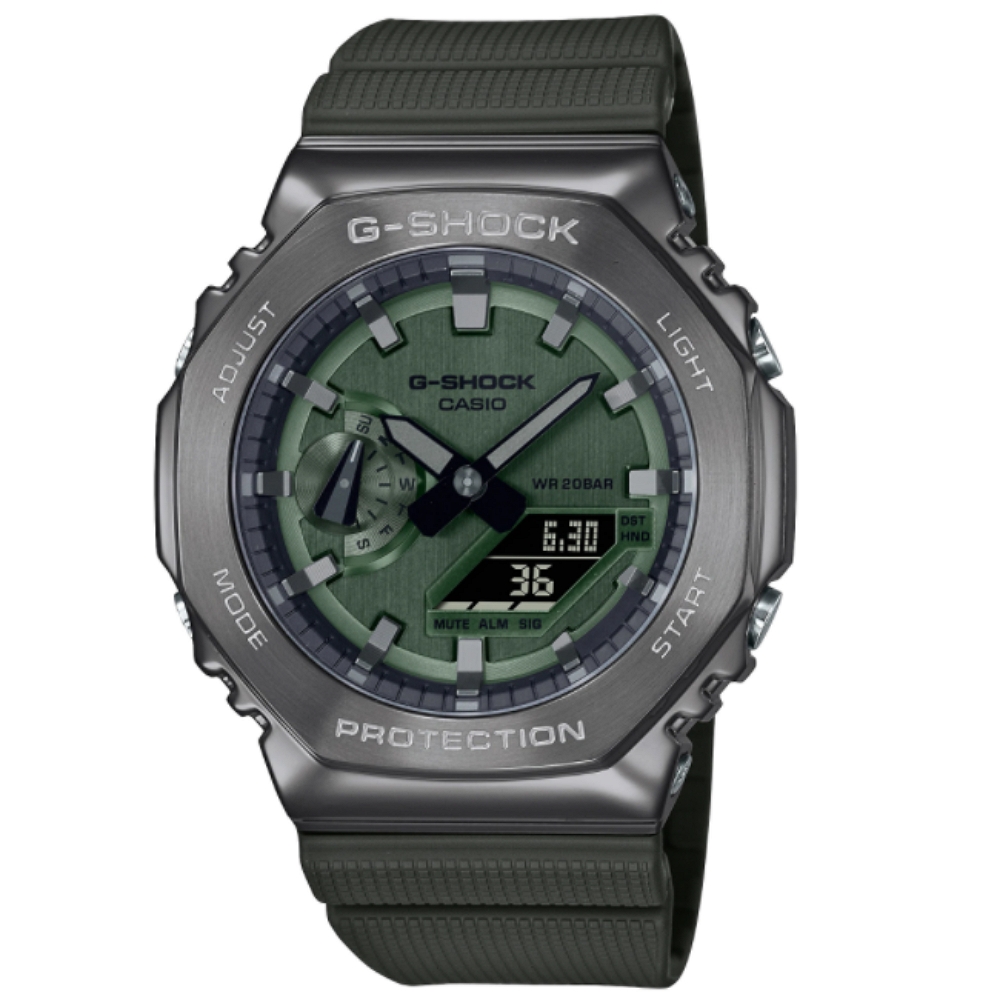 CASIO卡西歐 G-SHOCK 經典八角錶殼 時尚金屬雙顯腕錶-綠色 GM-2100B-3A