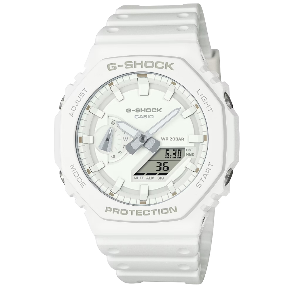 CASIO卡西歐 G-SHOCK 經典八角錶殼 單色美學 時尚雙顯腕錶-白 GA-2100-7A7