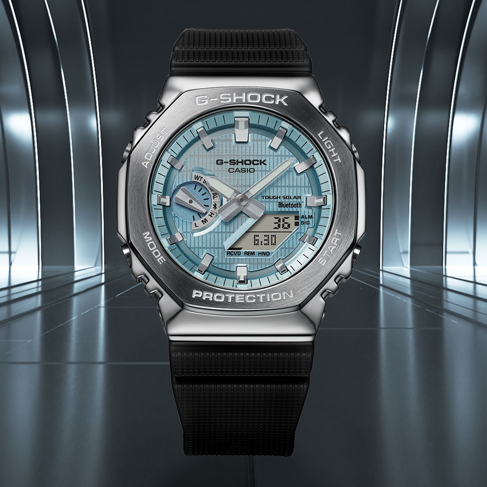 CASIO G-SHOCK 太陽能藍芽金屬八角計時錶/藍/GBM-2100A-1A2