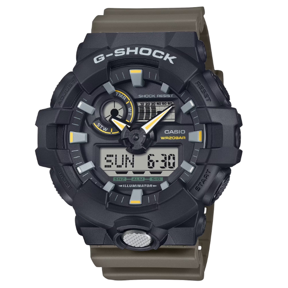 【CASIO 卡西歐】G-SHOCK 雙色調 經典雙顯電子錶 黑X棕 GA-710TU-1A3 53.4mm
