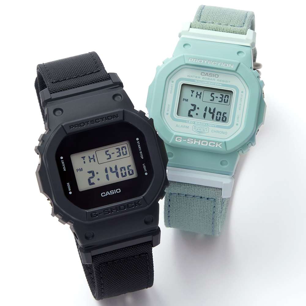 CASIO G-SHOCK 環保尼龍經典方形計時對錶 (DW-5600BCE-1+GMD-S5600CT-3)