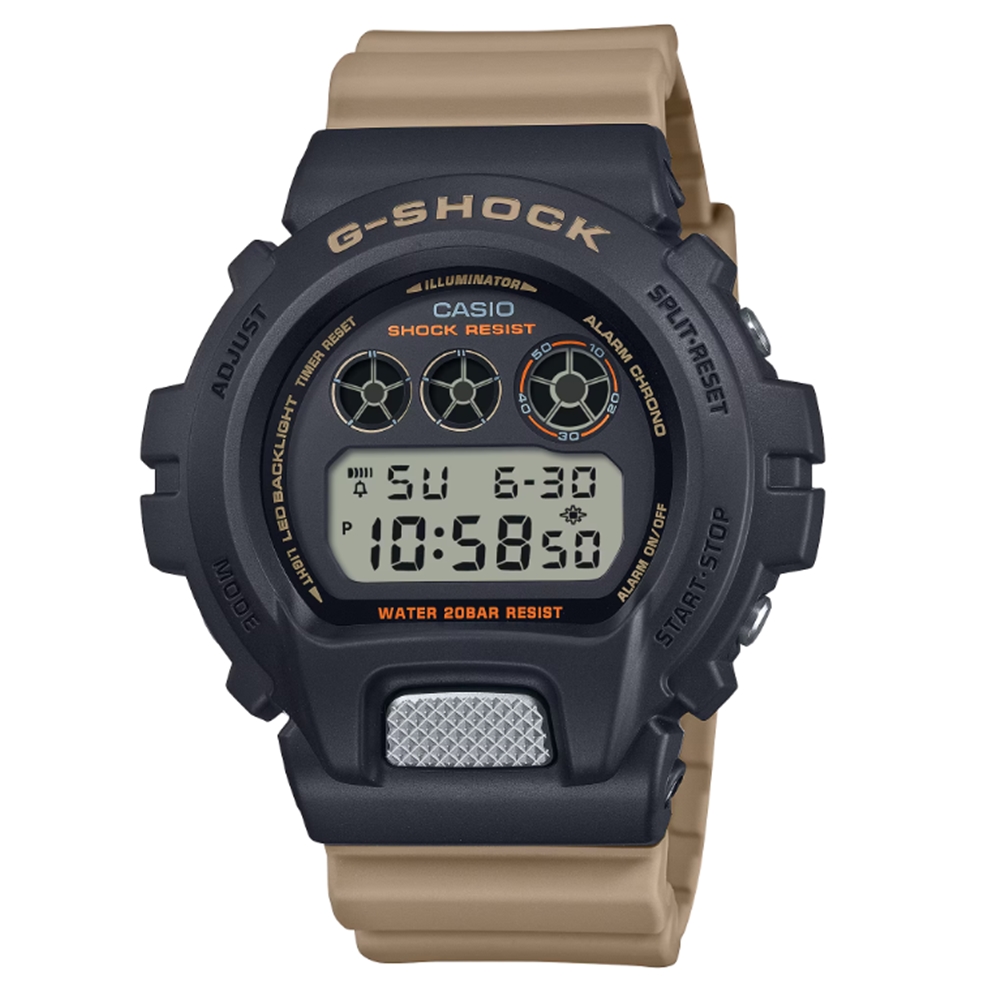 【CASIO 卡西歐】G-SHOCK 實用雙色調 黑X卡其 獨特三眼 數位系列 DW-6900TU-1A5 50mm