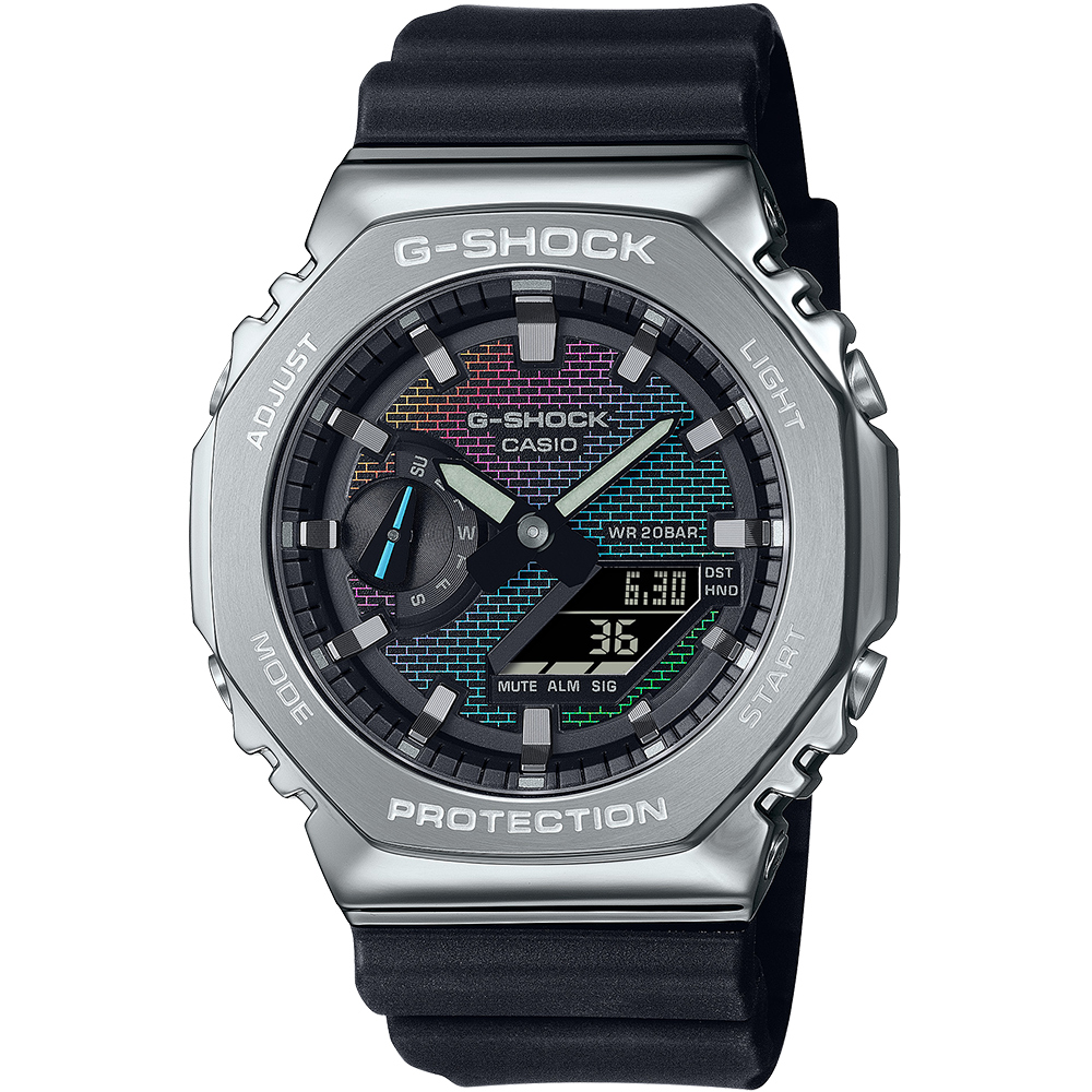 CASIO G-SHOCK 彩虹磚牆金屬八角造型計時錶/GM-2100RW-1A