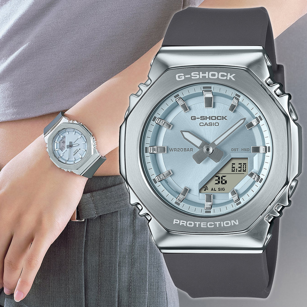 CASIO G-SHOCK 金屬時尚八角造型計時錶/粉藍X灰/GM-S2110-2A