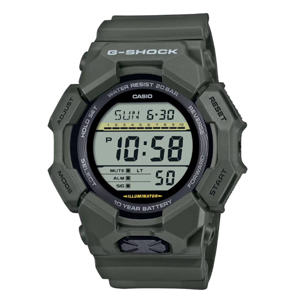 【CASIO 卡西歐】 G-SHOCK 十年電力 軍士綠 數位顯示 GD-010-3 51.9mm