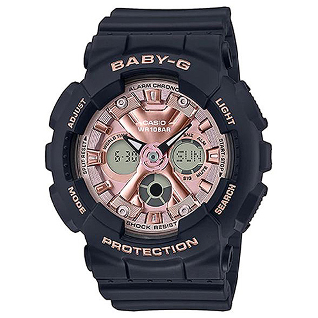 【CASIO】BABY-G 混搭金屬三眼搖滾甜美運動女錶-黑X光澤粉(BA-130-1A4)