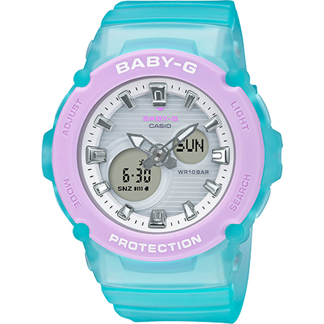 【CASIO卡西歐】BABY-G 仲夏海灘運動雙顯橡膠腕錶/綠x紫框(BGA-270-2ADR)