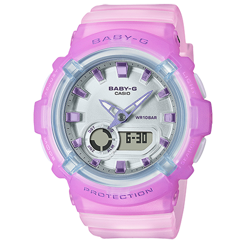 CASIO 卡西歐 Baby-G LA街頭設計 金屬光感 半透明 雙顯手錶-淺紫x粉 BGA-280-6A