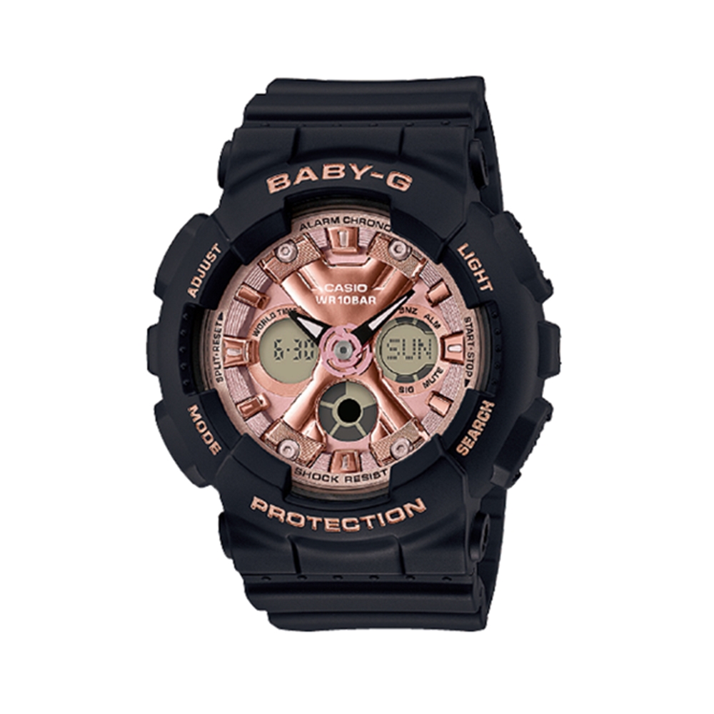【CASIO 卡西歐】BABY-G 雙顯手錶(黑/玫瑰金 BA-130-1A4)