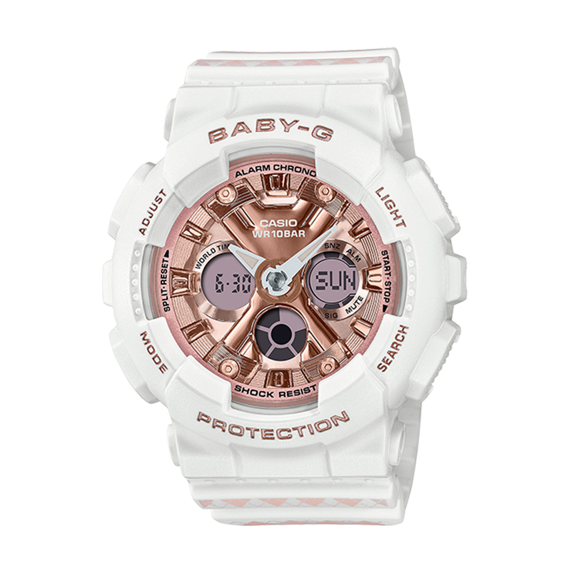 【CASIO】卡西歐 Baby-G 活力學院風 菱格紋 百米防水電子錶 雙顯運動錶 BA-130SP-7A 白/粉