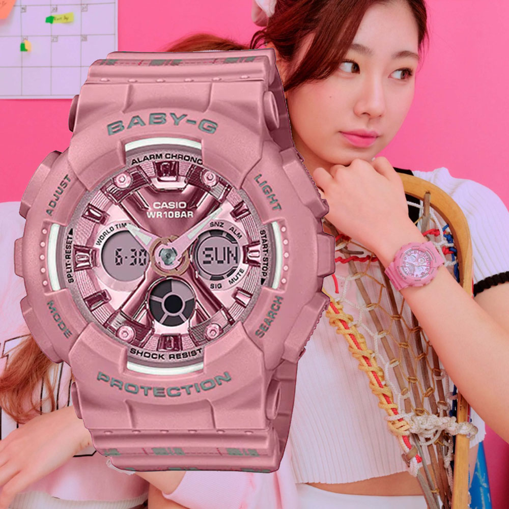 CASIO卡西歐 BABY-G 青春格紋雙顯腕錶-粉色 BA-130SP-4A