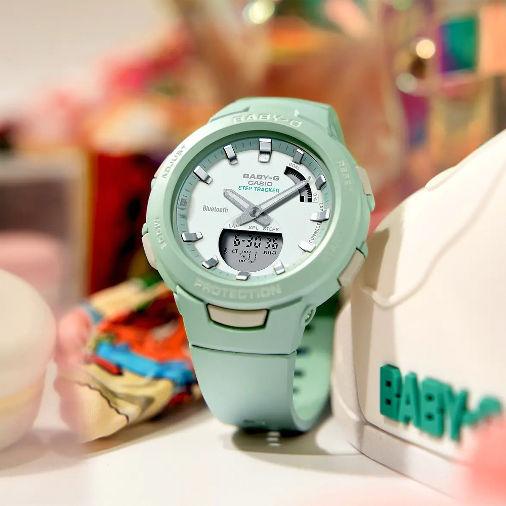 CASIO 卡西歐 Baby-G 藍牙計步雙顯運動手錶-酪梨綠 BSA-B100CS-3A