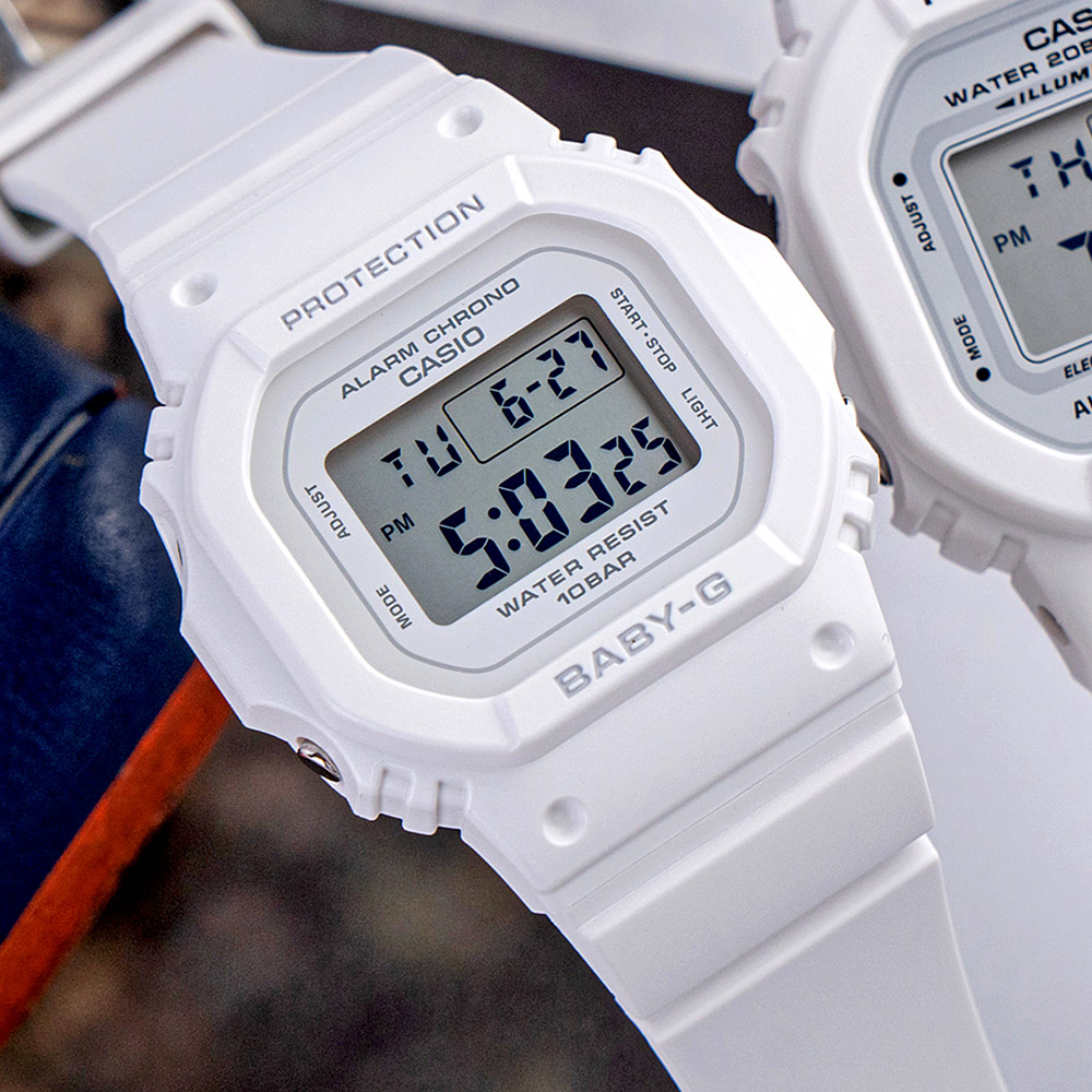 【CASIO 卡西歐】BABY-G 簡約輕薄耐衝擊電子橡膠腕錶/白(BGD-565-7)