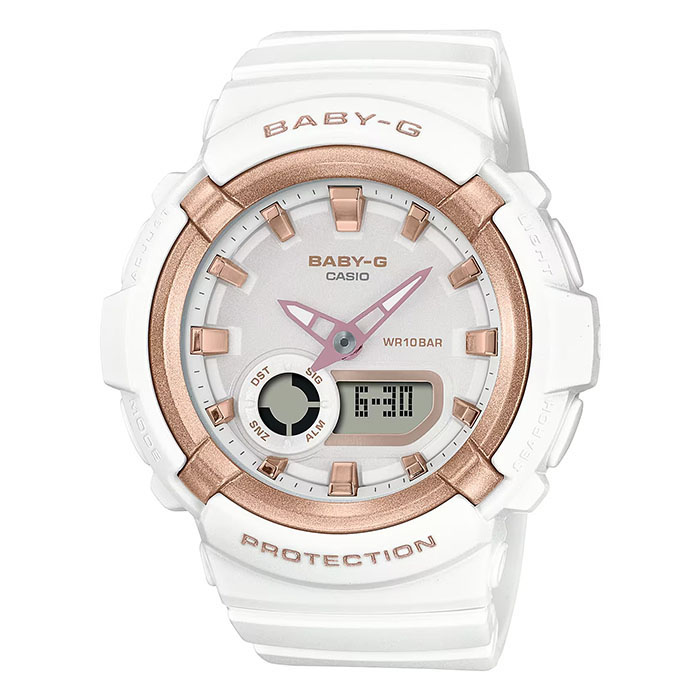【CASIO】卡西歐 Baby-G 休閒金屬元素 BGA-280BA-7A 100米防水電子錶 雙顯運動錶 白/玫瑰金