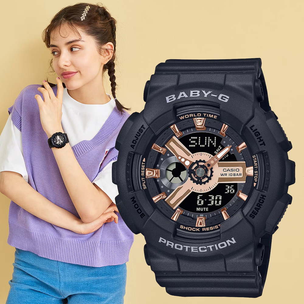 CASIO BABY-G 柔美氣質雙顯計時錶/黑/BA-110XRG-1A