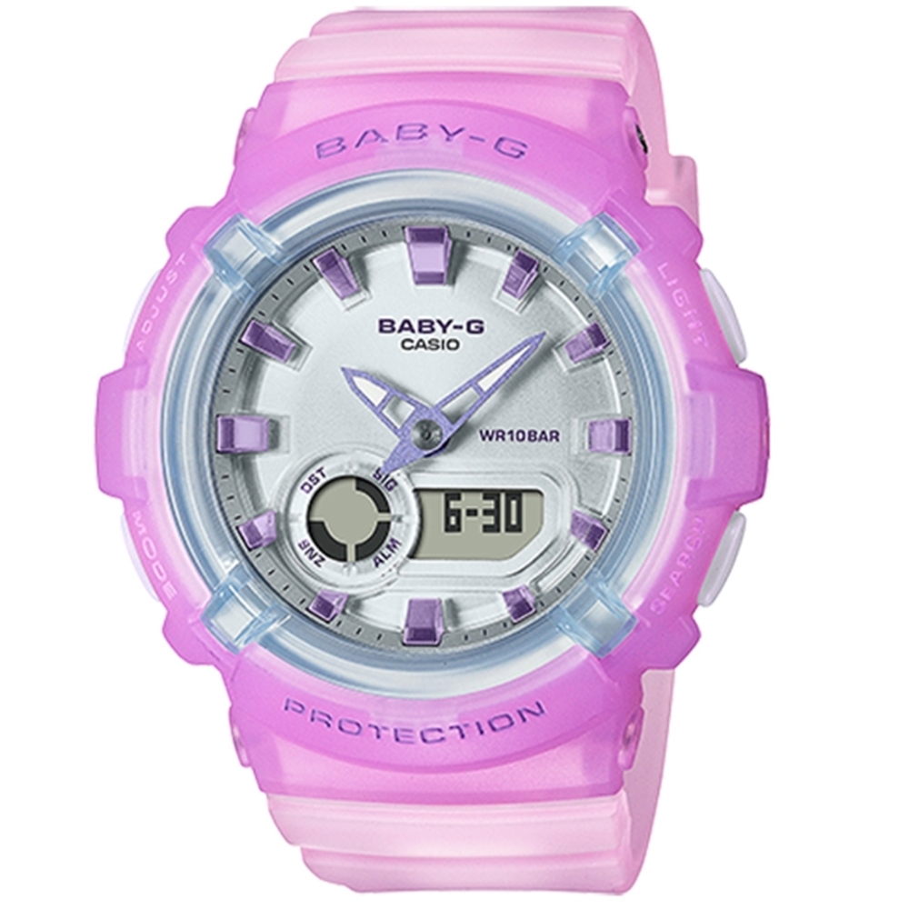 【CASIO 卡西歐】BABY-G LA 街頭設計 金屬光感 半透明 雙顯手錶-淺紫x粉 BGA-280-6A
