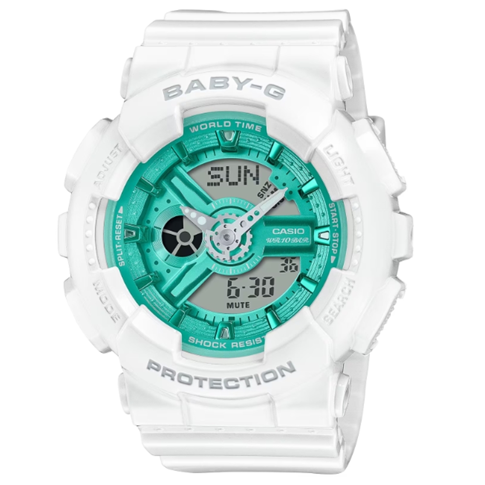 【CASIO 卡西歐】BABY-G 季節限定冬日光彩 色彩繽紛 經典雙顯手錶 綠白 BA-110XWS-7A 43.4mm