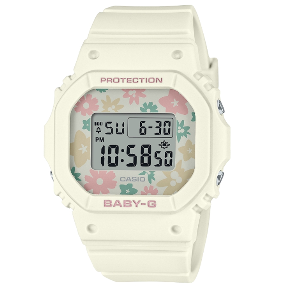 【CASIO 卡西歐】BABY-G 迷人花卉 復古懷舊流行色彩經典電子錶 米白色 BGD-565RP-7_37.9mm