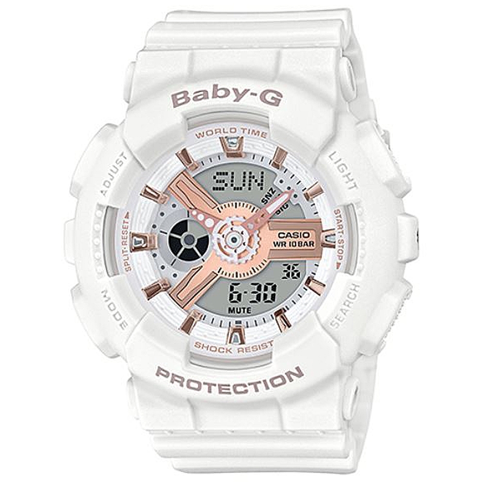 【CASIO 卡西歐】BABY-G 柔美玫瑰金設計休閒運動雙顯錶 白 BA-110XRG-7A 43.4mm