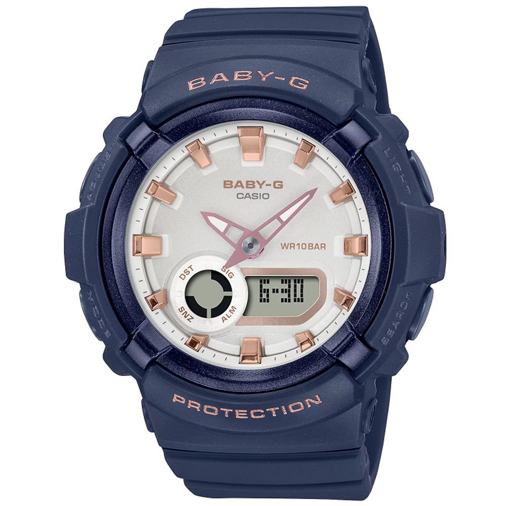 【CASIO 卡西歐】BABY-G 俐落簡約 休閒藍 珍珠光感錶圈 雙顯系列 BGA-280BA-2A 43.4mm
