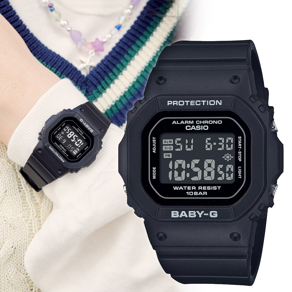 CASIO BABY-G 輕薄時尚方形計時錶/黑/BGD-565U-1