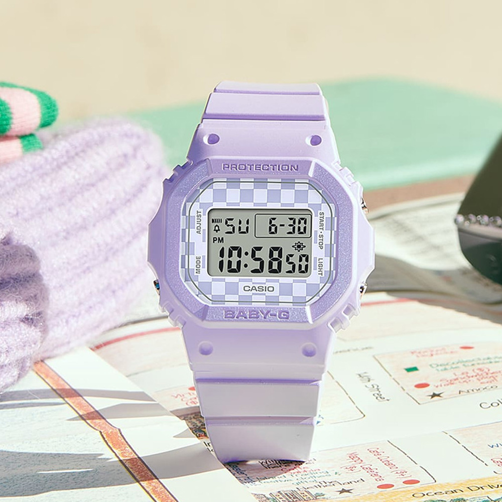 【CASIO 卡西歐】BABY-G 街頭風情輕薄耐衝擊電子腕錶/紫x旗格面(BGD-565GS-6)