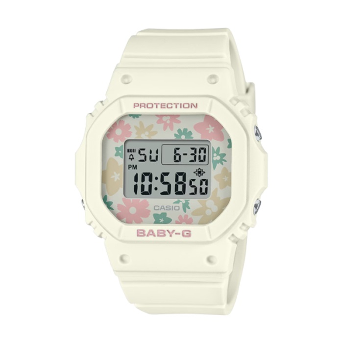 【CASIO BABY-G】復古花田設計方形電子休閒腕錶-奶油白/BGD-565RP-7