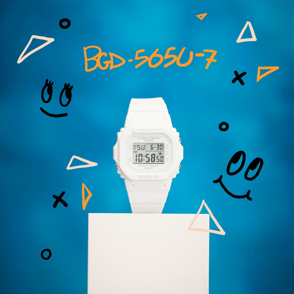 CASIO BABY-G 輕薄時尚方形計時錶/白/BGD-565U-7