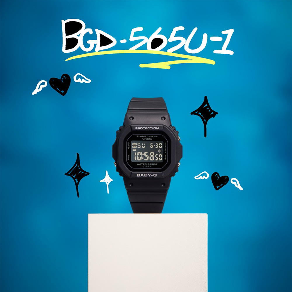 CASIO BABY-G 輕薄時尚方形計時錶/黑/BGD-565U-1