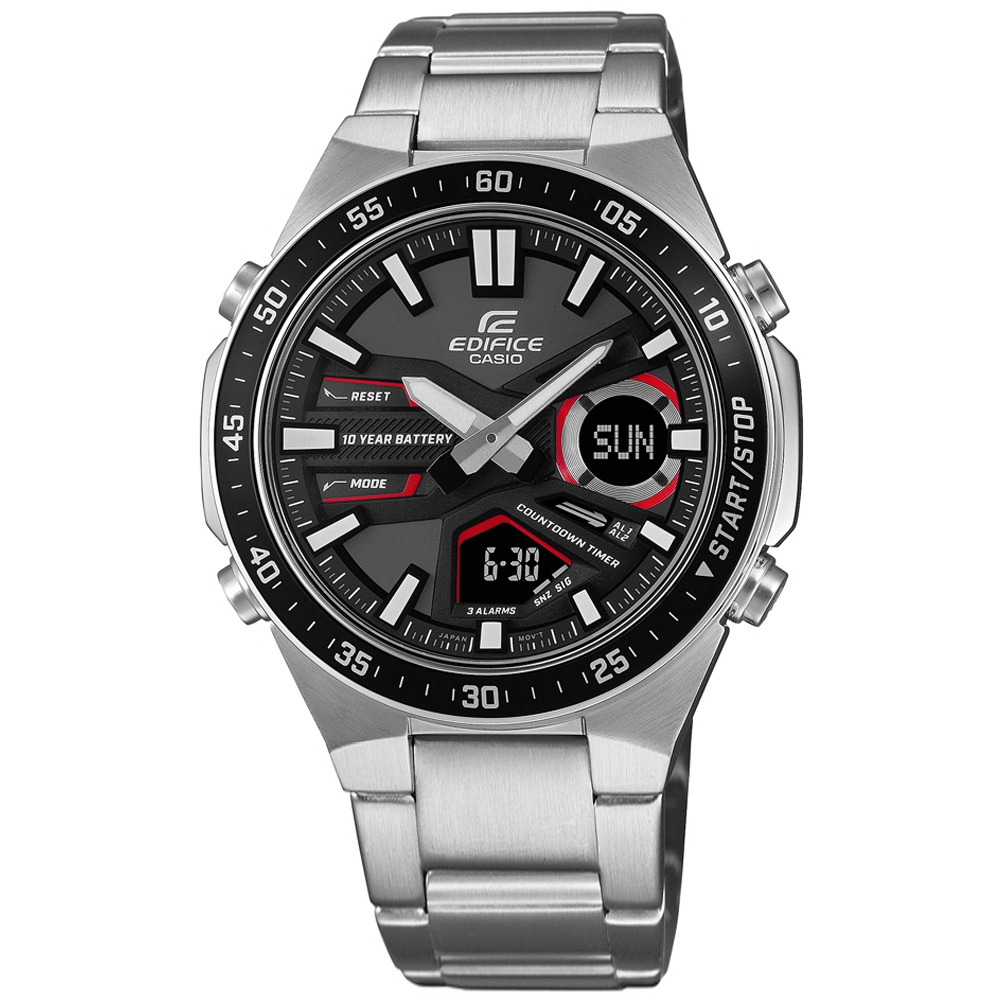 EDIFICE CASIO / EFV-C110D-1A4 / 卡西歐 十年電力 雙顯 防水 不鏽鋼手錶 黑紅色 47mm