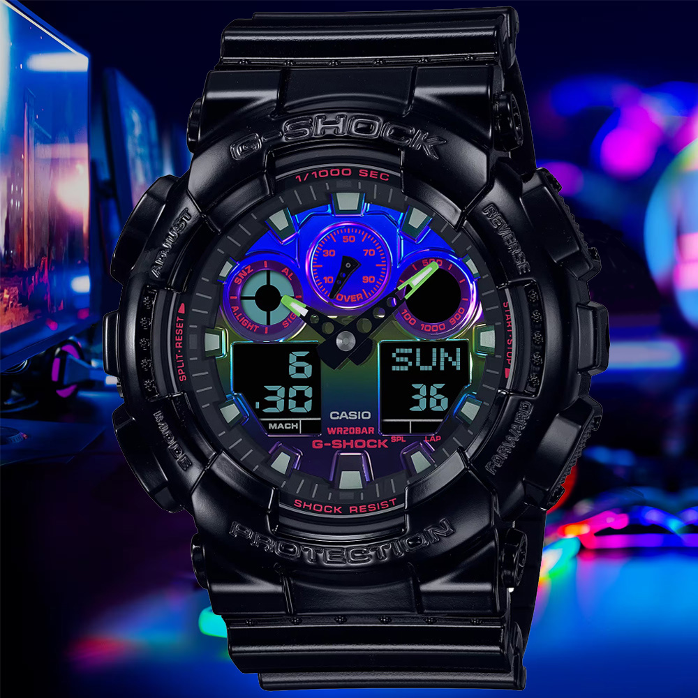 CASIO卡西歐 G-SHOCK 虛擬彩虹雙顯腕錶 GA-100RGB-1A