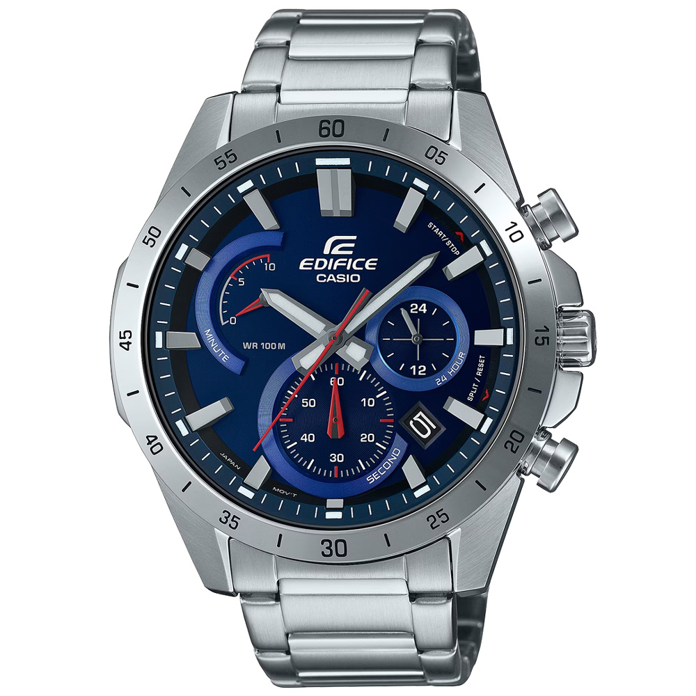 【CASIO 卡西歐】EDIFICE 榮耀尊爵不鏽鋼賽車腕錶/銀x藍面(EFR-573D-2A)