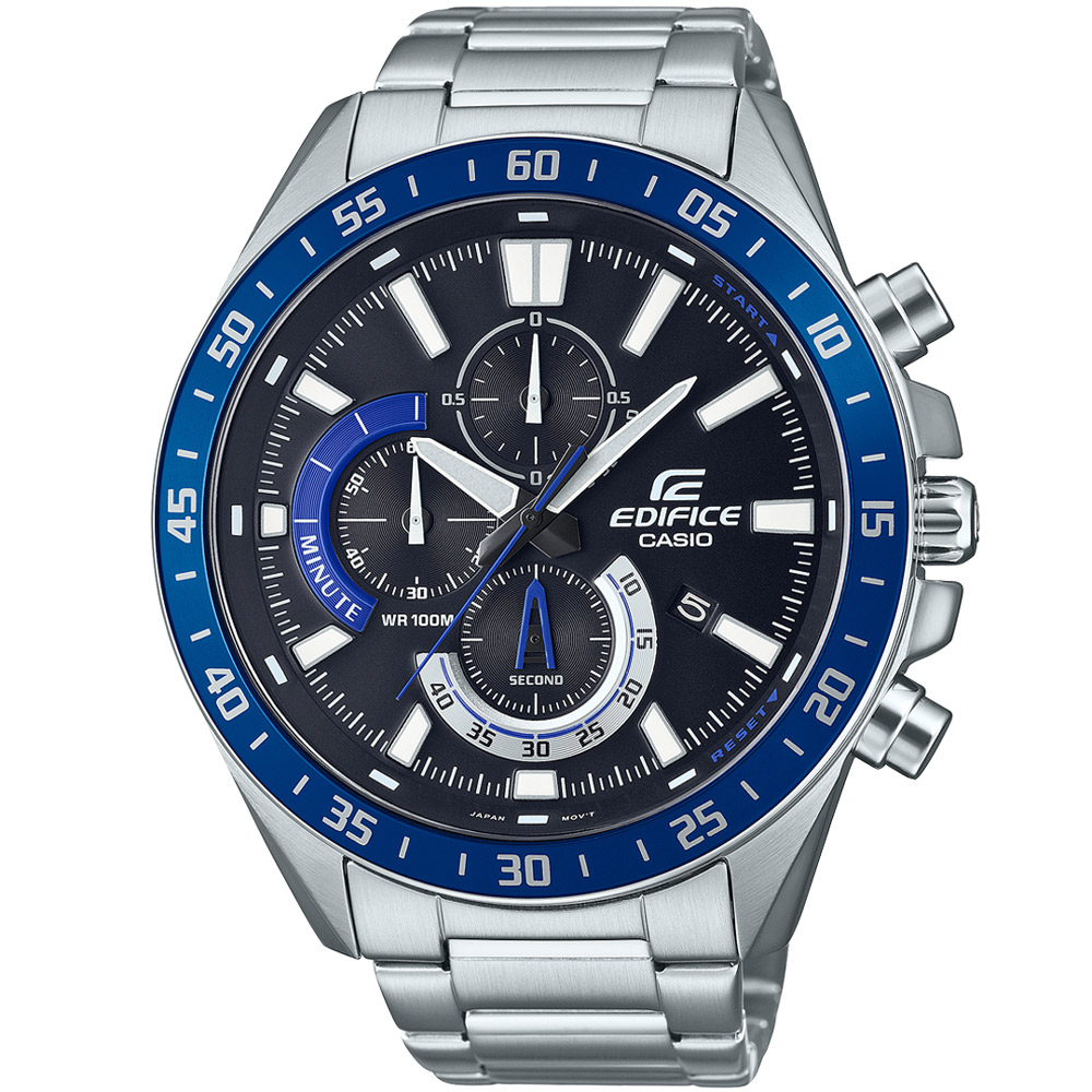 【CASIO 卡西歐】EDIFICE 潮流時尚三眼計時不鏽鋼賽車腕錶/銀x藍框(EFV-620D-1A2)