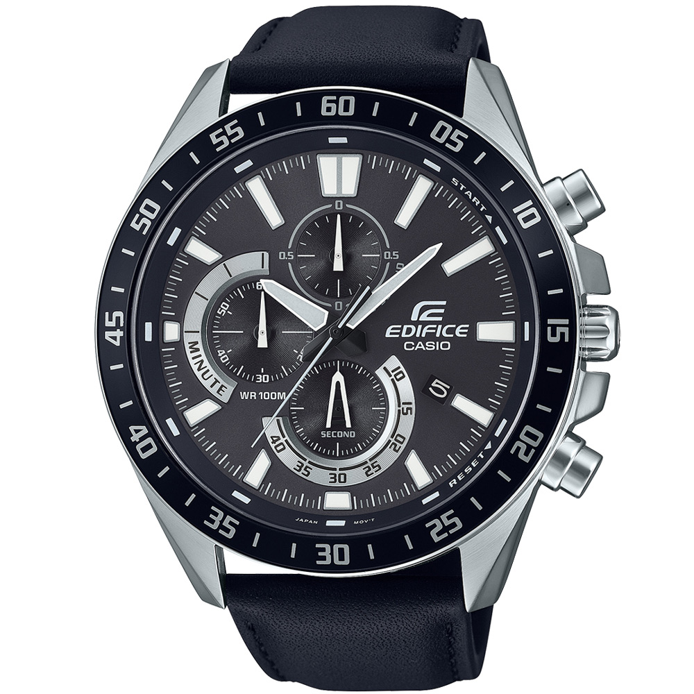 【CASIO 卡西歐】EDIFICE 急速悍將三眼計時皮革賽車腕錶/黑(EFV-620L-1A)