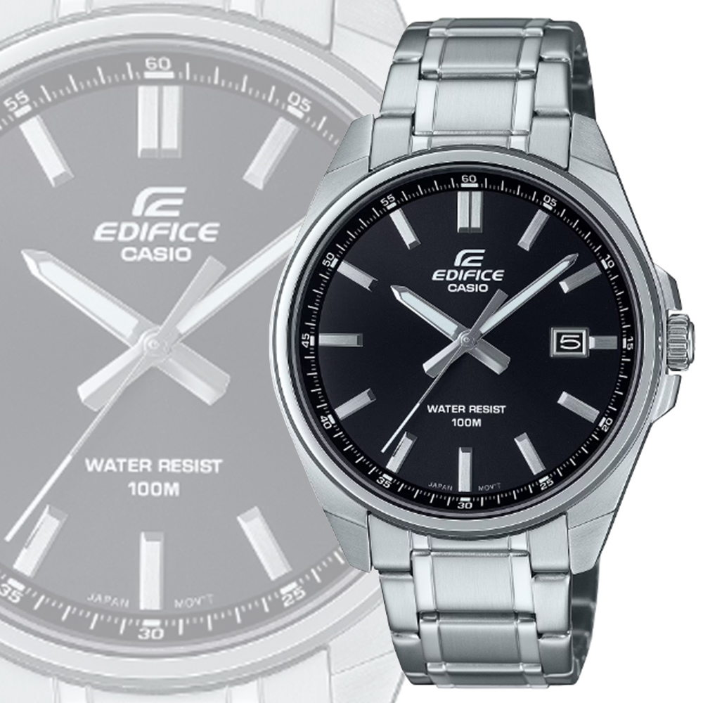 CASIO 卡西歐 EDIFICE 堅實俐落時標 大三針運動風腕錶-黑 鋼帶 EFV-150D-1AV