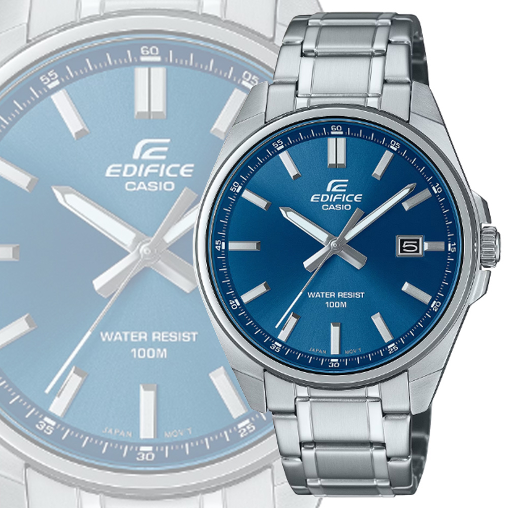CASIO 卡西歐 EDIFICE 堅實俐落時標 大三針運動風腕錶-藍 鋼帶 EFV-150D-2AV