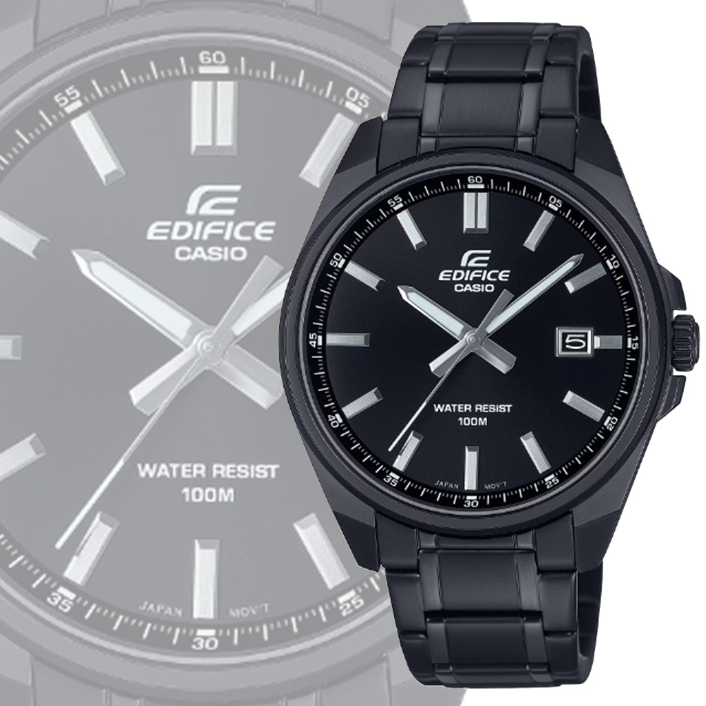 CASIO 卡西歐 EDIFICE 堅實俐落時標 大三針運動風腕錶-全黑 鋼帶 EFV-150DC-1AV
