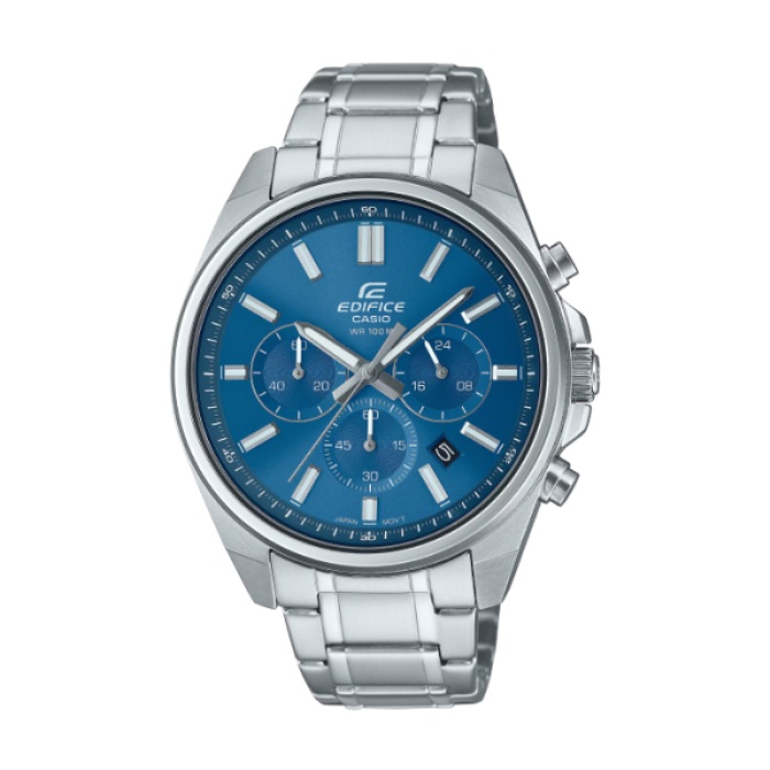 【CASIO EDIFICE】簡約時尚三眼計時鋼帶腕錶-碧海藍/EFV-650D-2AV